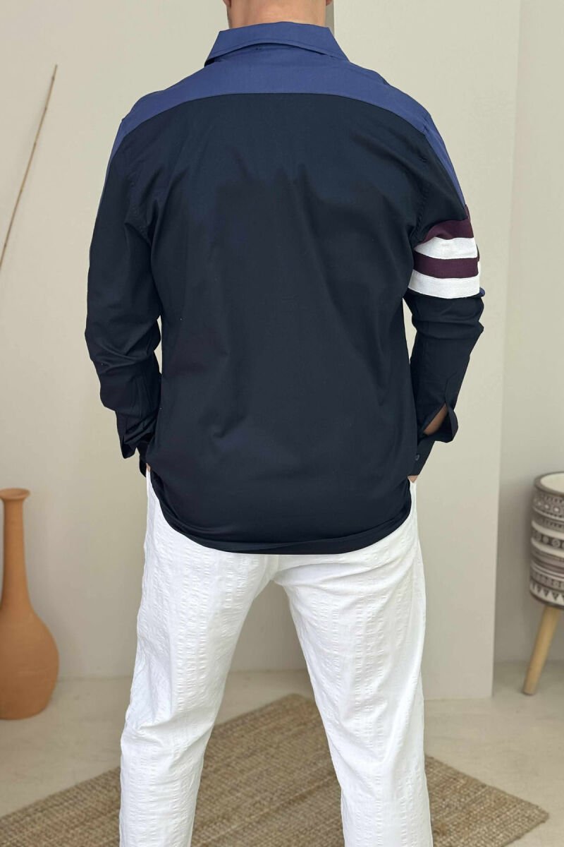 STRIPED SLEEVE SIMPLE MEN SHIRT DARK BLUE/BEE - 4