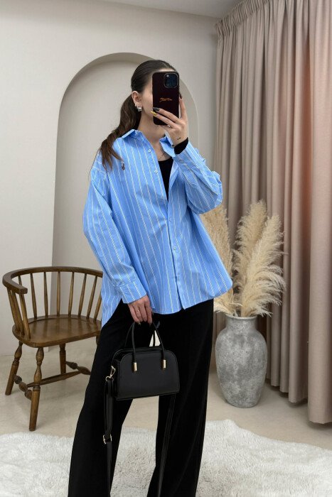 STRIPED SMALL LOGO SIMPLE WOMEN SHIRT LIGHTBLUE/BZ - 4