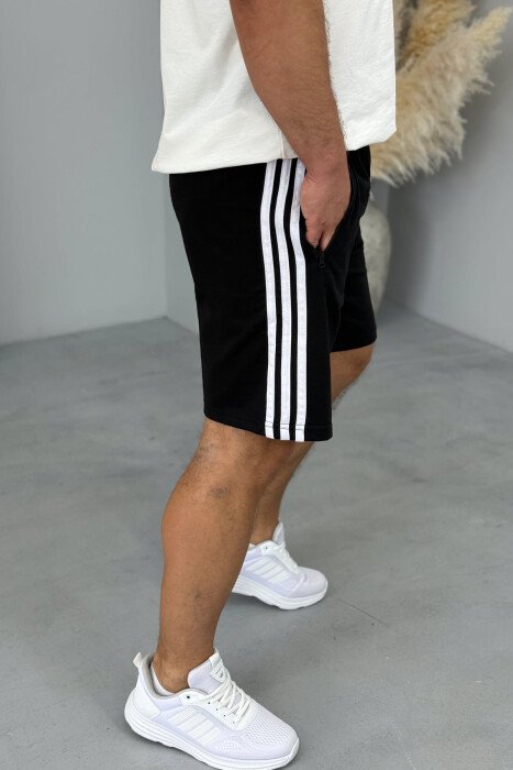 STRIPED ZIPPER POCKETS MEN SHORT SWEATPANTS BLACK/ E ZEZE - 2
