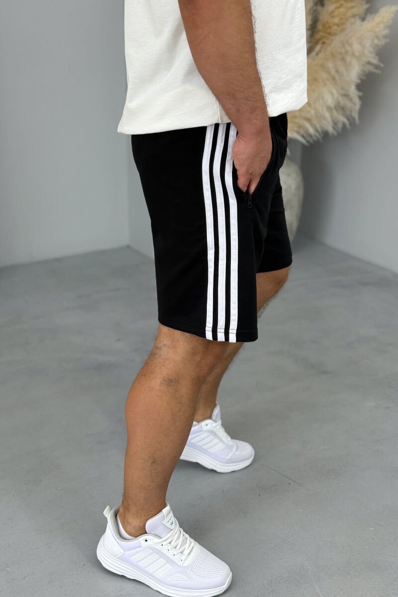 STRIPED ZIPPER POCKETS MEN SHORT SWEATPANTS BLACK/ E ZEZE - 2