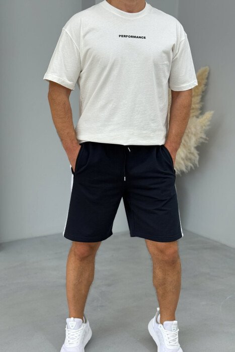 STRIPED ZIPPER POCKETS MEN SHORT SWEATPANTS DARK BLUE/BEE - 1