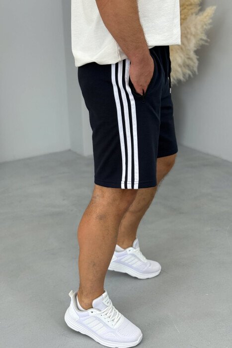 STRIPED ZIPPER POCKETS MEN SHORT SWEATPANTS DARK BLUE/BEE - 3