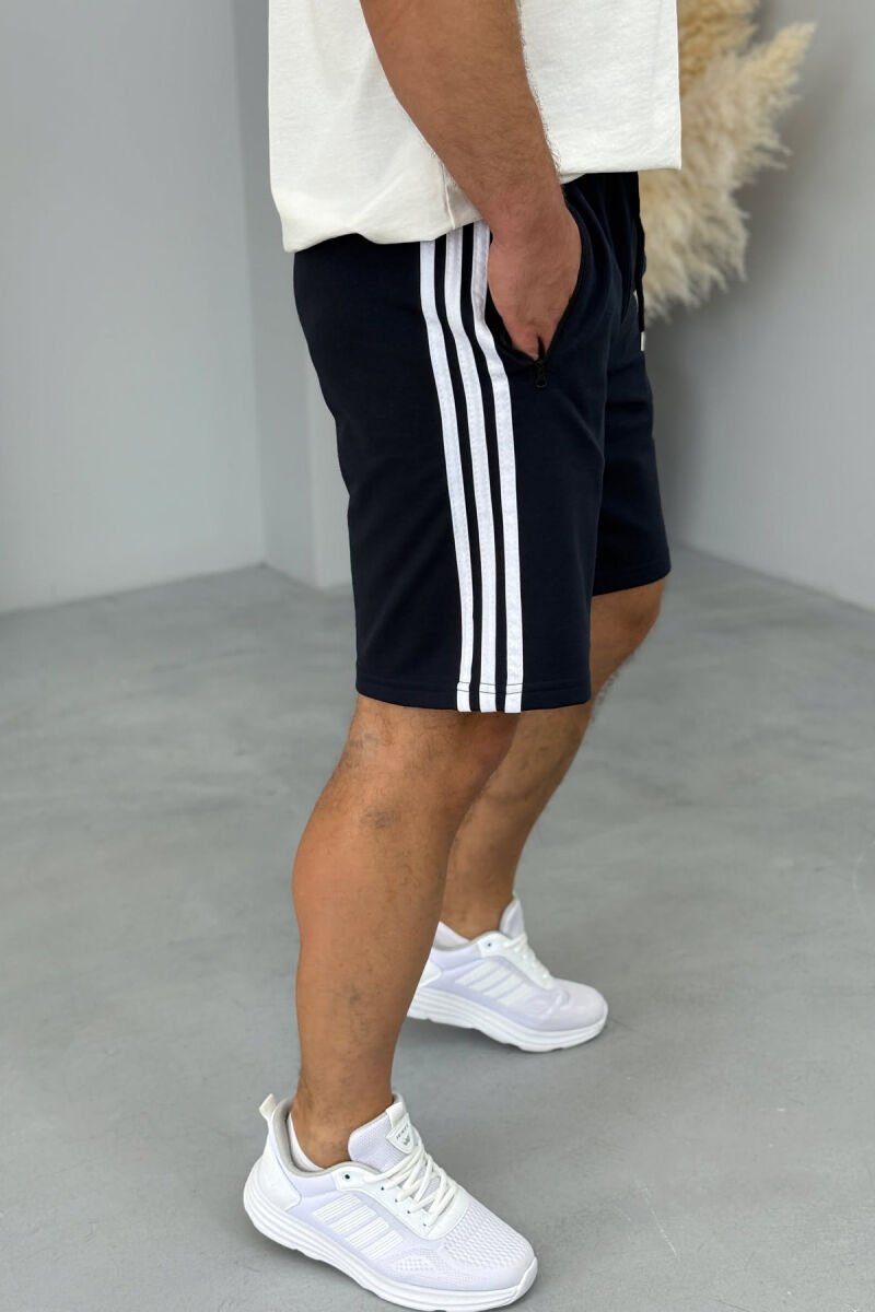 STRIPED ZIPPER POCKETS MEN SHORT SWEATPANTS DARK BLUE/BEE - 3