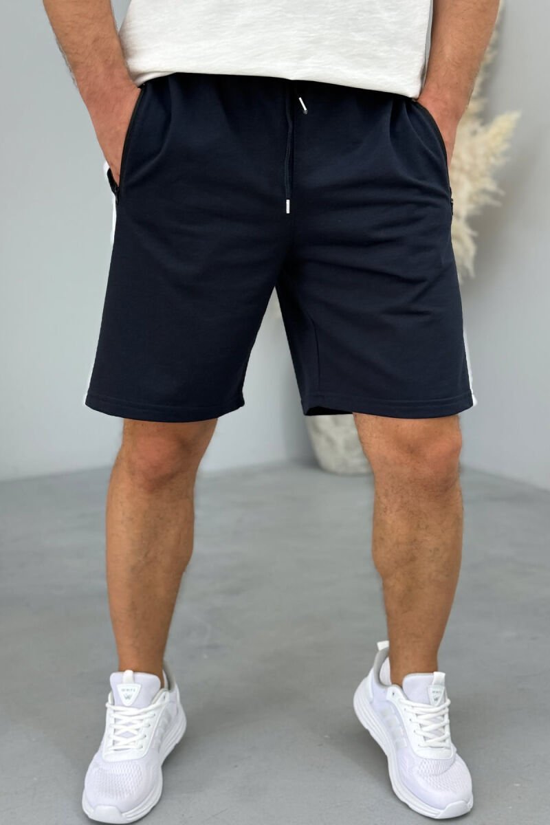 STRIPED ZIPPER POCKETS MEN SHORT SWEATPANTS DARK BLUE/BEE - 4