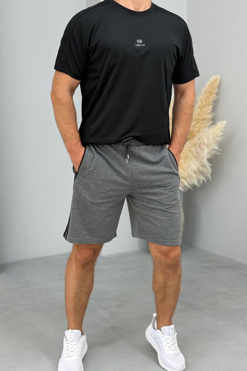 STRIPED ZIPPER POCKETS MEN SHORT SWEATPANTS DARK GREY/GEE - 1