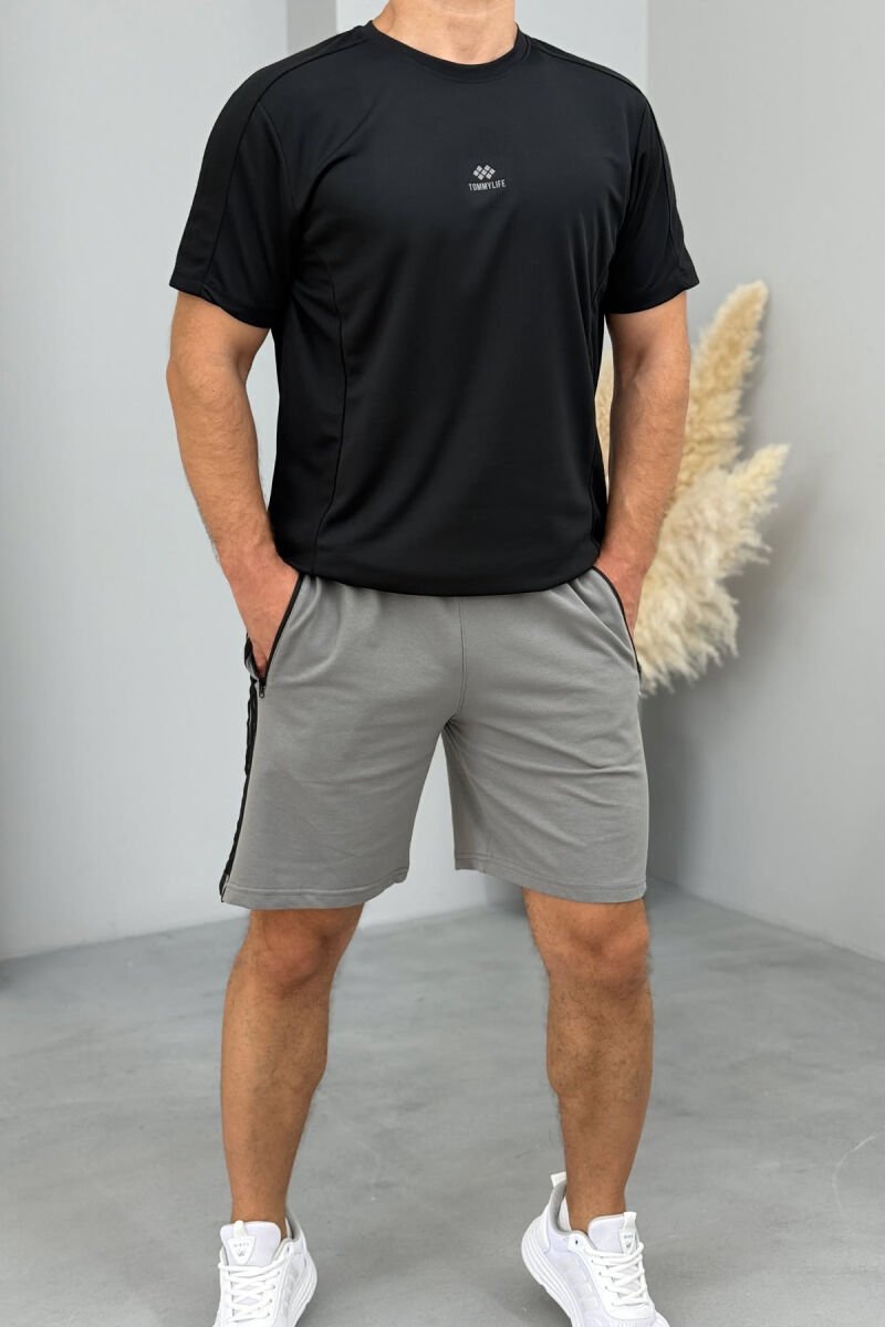 STRIPED ZIPPER POCKETS MEN SHORT SWEATPANTS GREY ASH/GRI HIRI - 1