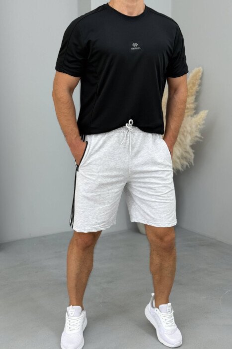 STRIPED ZIPPER POCKETS MEN SHORT SWEATPANTS LIGHT GREY/GZ - 1