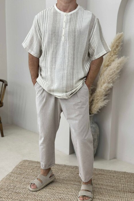 STRIPES BUTTONED MEN T-SHIRT BEIGE/BEZHE - KLAUDIO FASHION