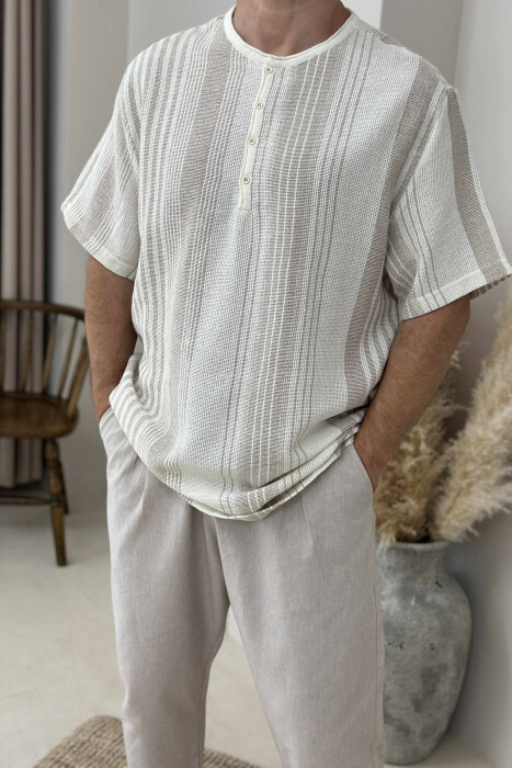 STRIPES BUTTONED MEN T-SHIRT BEIGE/BEZHE - 2