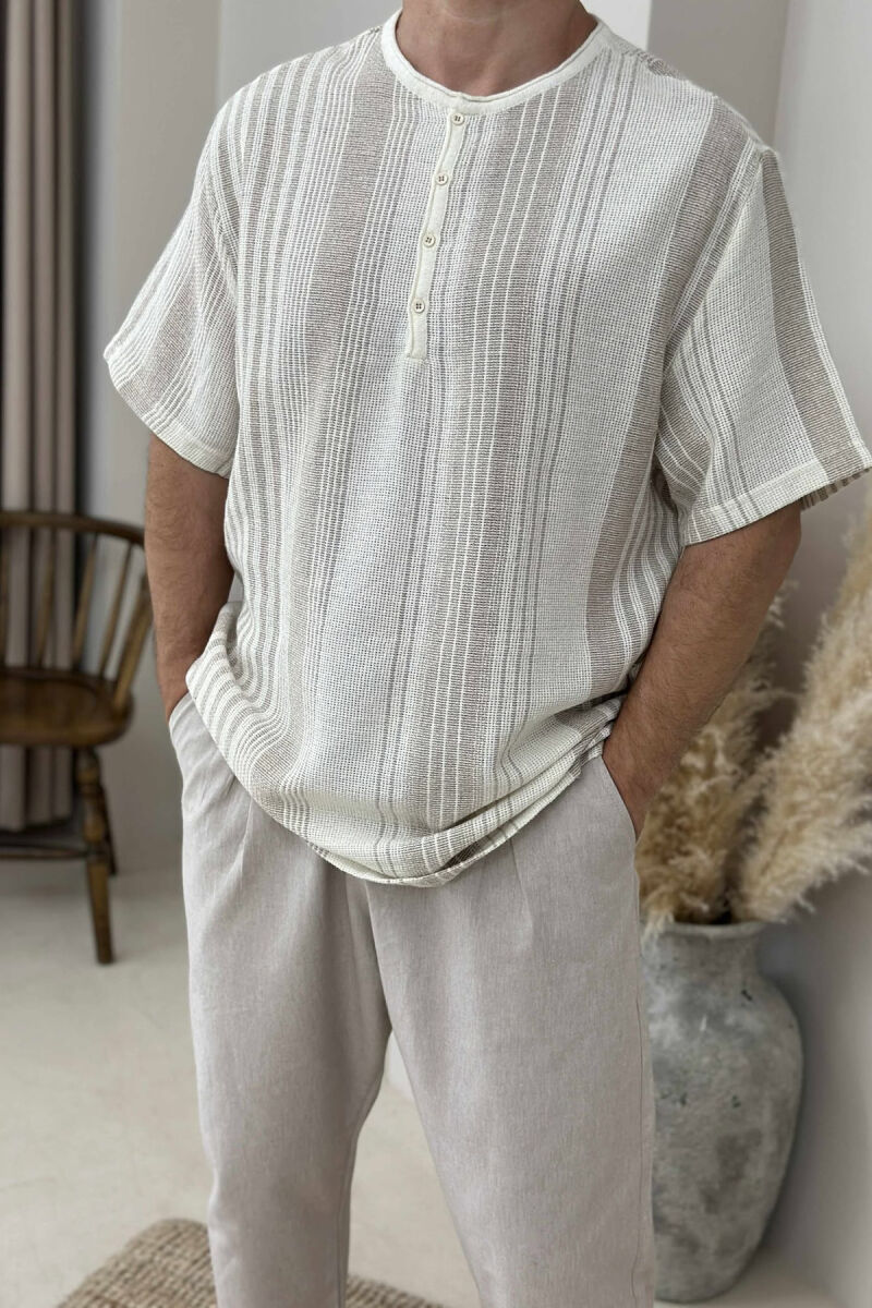 STRIPES BUTTONED MEN T-SHIRT BEIGE/BEZHE - 2