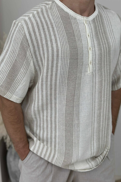 STRIPES BUTTONED MEN T-SHIRT BEIGE/BEZHE - 3