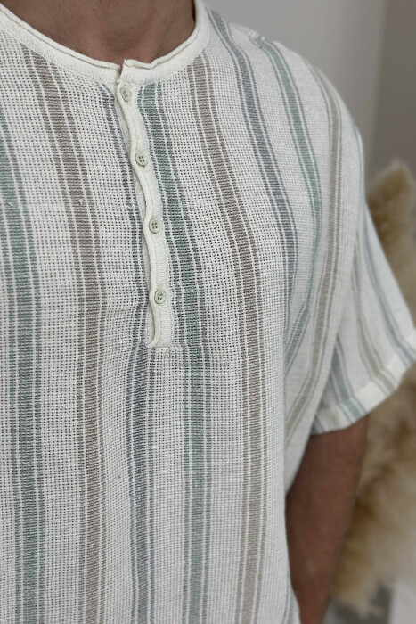 STRIPES BUTTONED MEN T-SHIRT CREAM/KREM - 3