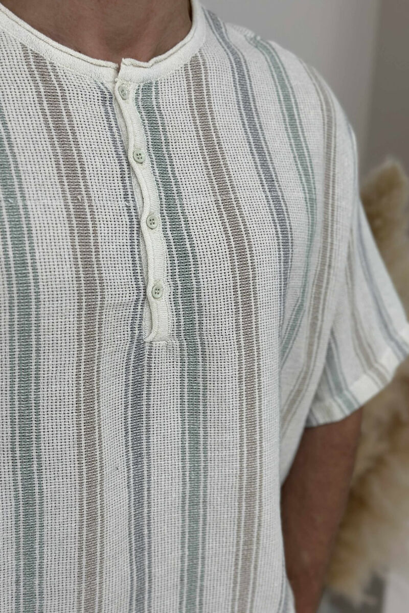 STRIPES BUTTONED MEN T-SHIRT CREAM/KREM - 3