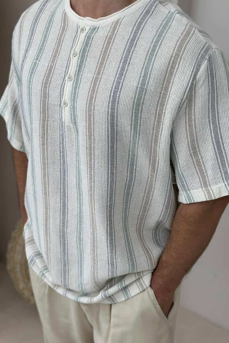 STRIPES BUTTONED MEN T-SHIRT CREAM/KREM - 5