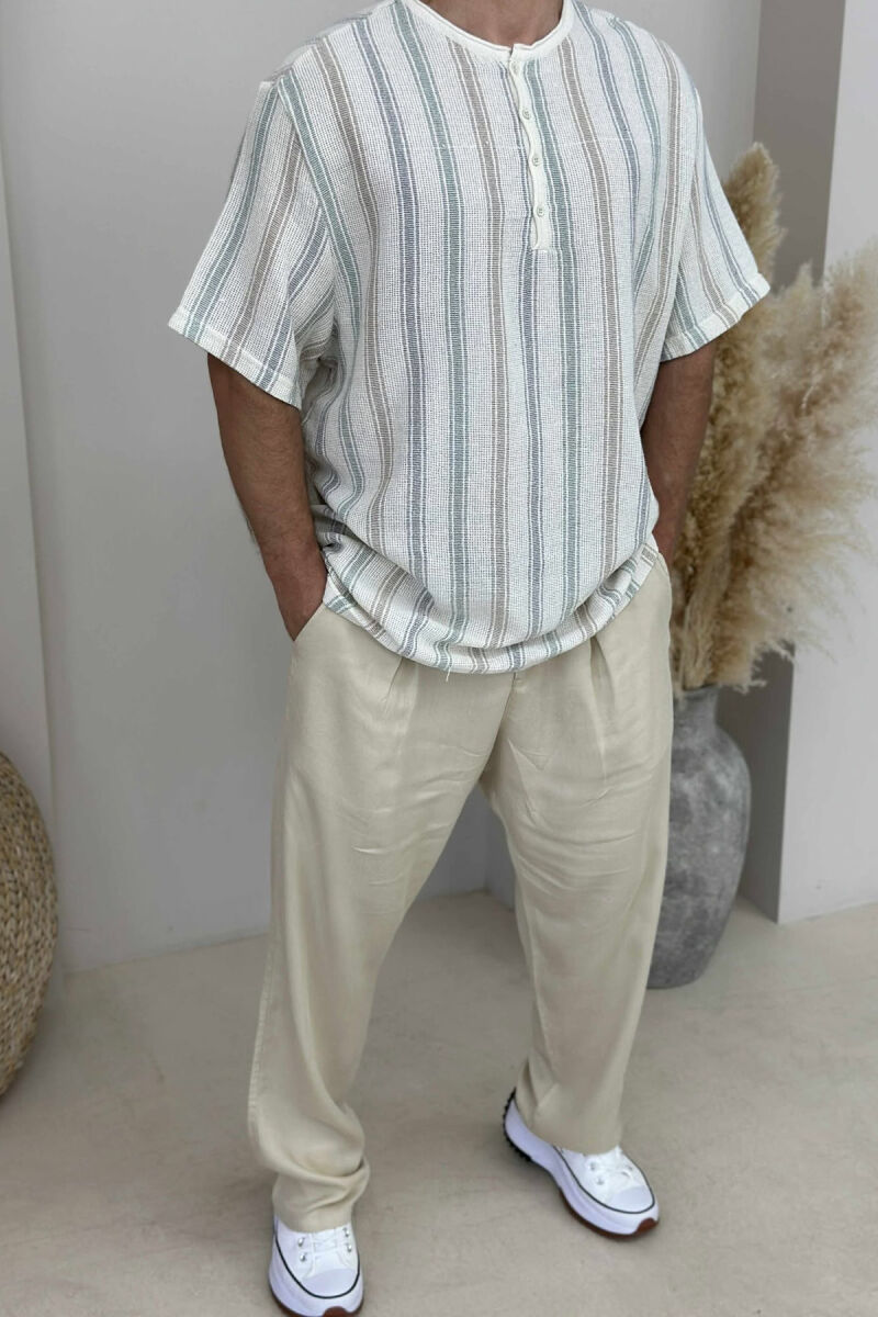 STRIPES BUTTONED MEN T-SHIRT CREAM/KREM - 2