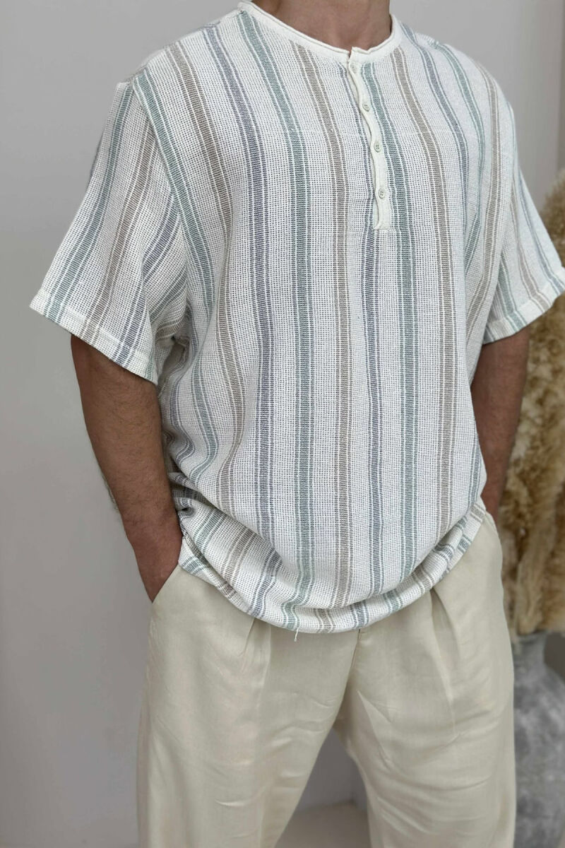 STRIPES BUTTONED MEN T-SHIRT CREAM/KREM - 8