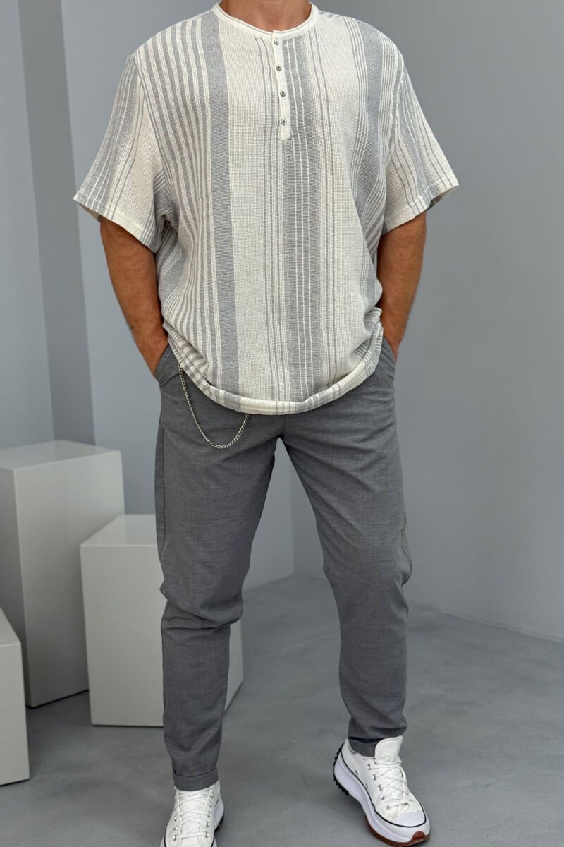 STRIPES BUTTONED MEN T-SHIRT LIGHT GREY/GZ - 1