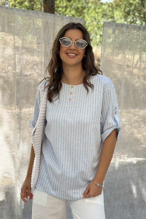 STRIPES BUTTONED WOMEN T-SHIRT LIGHTBLUE/BZ - 1
