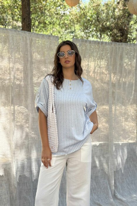 STRIPES BUTTONED WOMEN T-SHIRT LIGHTBLUE/BZ - 5
