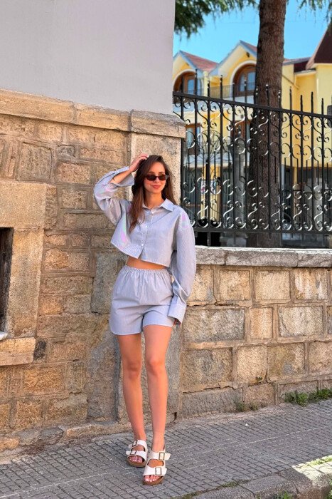 STRIPES CROPPED SHIRT+SHORTS WOMEN SET BLACK/ E ZEZE - KLAUDIO FASHION