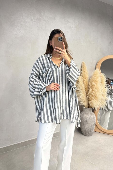 STRIPES DESIGN FRONT POCKET WOMAN SHIRT GREY/GRI - KLAUDIO FASHION