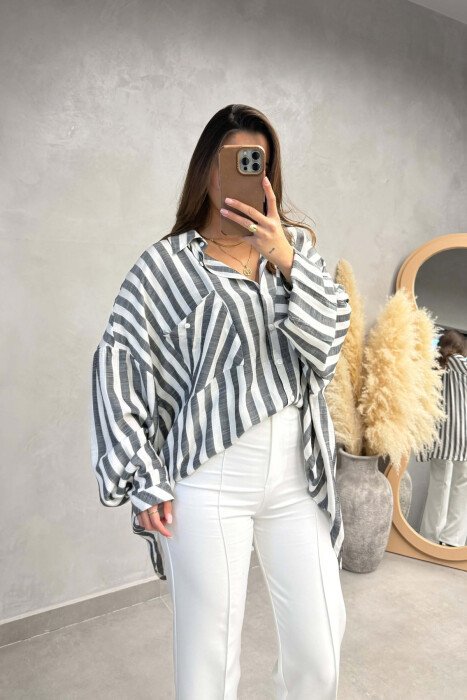 STRIPES DESIGN FRONT POCKET WOMAN SHIRT GREY/GRI - 3