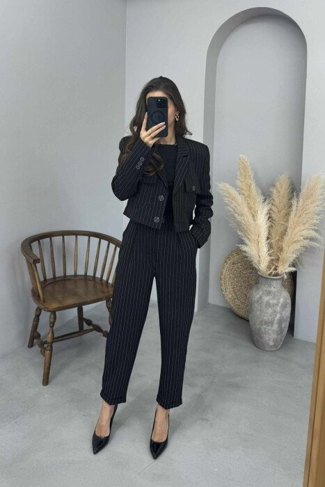 STRIPES DESIGN JACKET+ TROUSERS WOMEN SET BLACK/ E ZEZE - 5