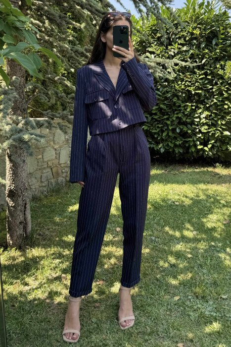 STRIPES DESIGN JACKET+ TROUSERS WOMEN SET DARK BLUE/BEE - 5