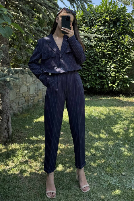 STRIPES DESIGN JACKET+ TROUSERS WOMEN SET DARK BLUE/BEE - 6