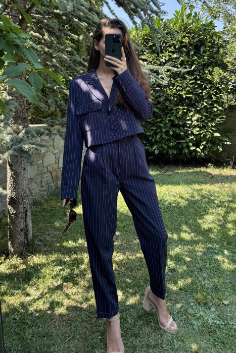 STRIPES DESIGN JACKET+ TROUSERS WOMEN SET DARK BLUE/BEE - 7