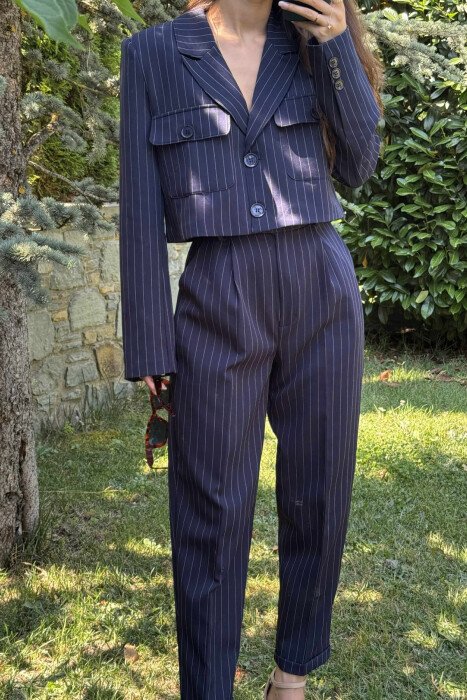 STRIPES DESIGN JACKET+ TROUSERS WOMEN SET DARK BLUE/BEE - 8