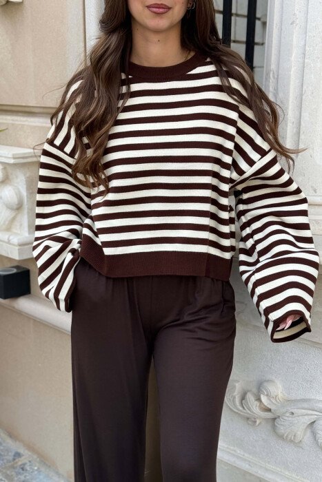 STRIPES DESIGN ROUND NECK WOMAN SWEATER BROWN/KAFE - 3