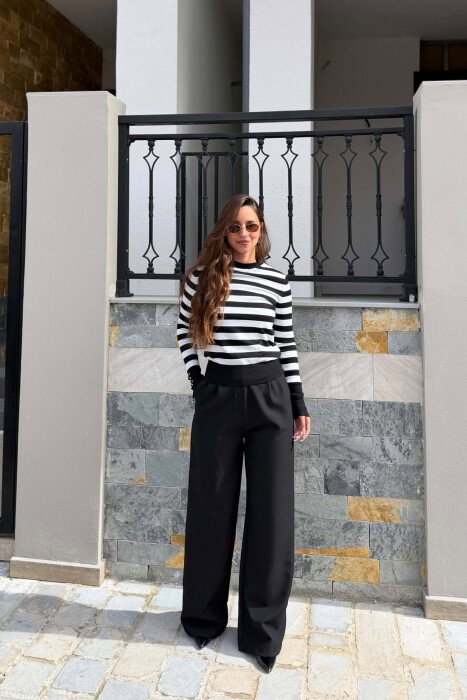 STRIPES DESIGN ROUND NECK WOMEN SWEATER BLACK-WHITE/ZB - 4