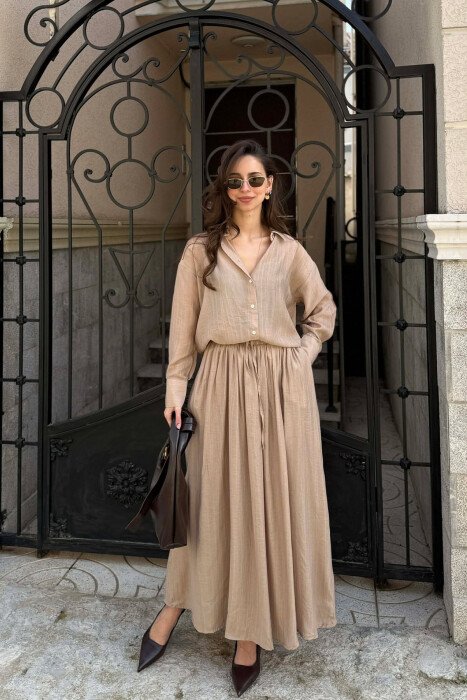 STRIPES DESIGN SHIRT + SKIRT WOMAN SET BEIGE/BEZHE - KLAUDIO FASHION