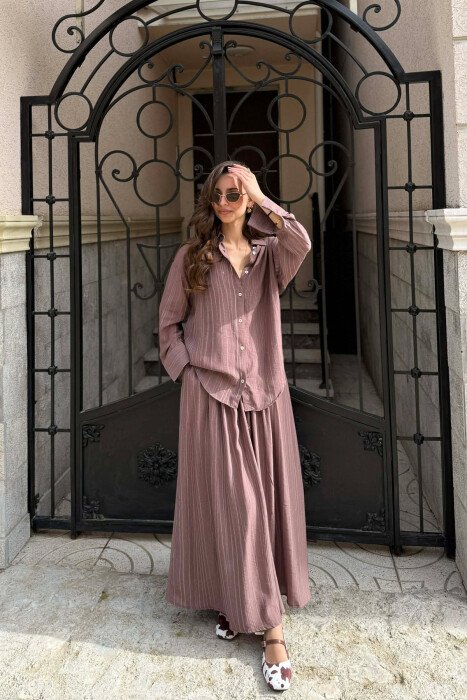 STRIPES DESIGN SHIRT + SKIRT WOMAN SET BROWN/KAFE - 1