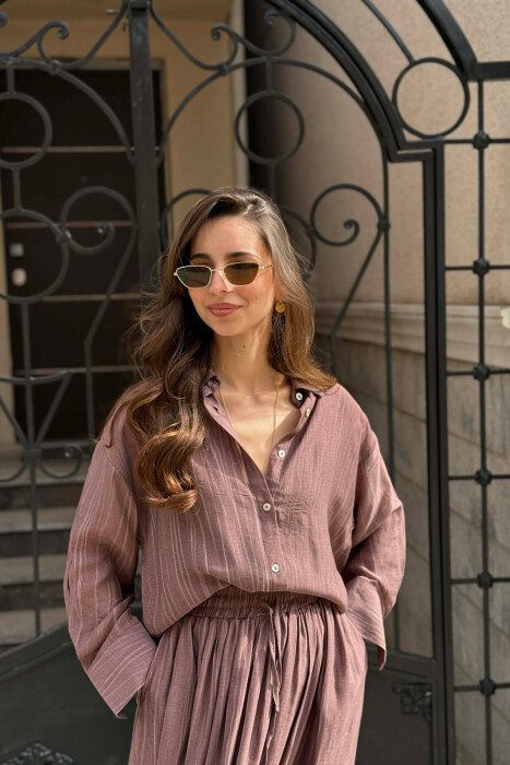 STRIPES DESIGN SHIRT + SKIRT WOMAN SET BROWN/KAFE - 4
