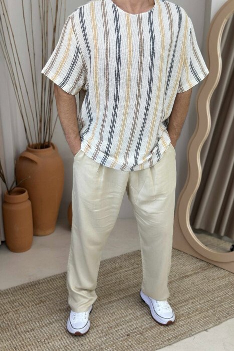 STRIPES DESIGN SIMPLE MEN T-SHIRT CREAM-BROWN/KRKA 