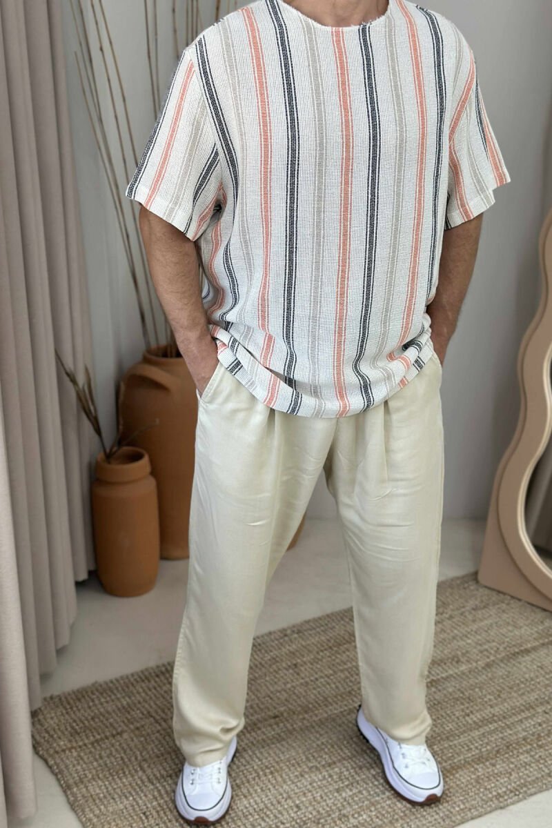 STRIPES DESIGN SIMPLE MEN T-SHIRT CREAM-ORANGE/KRPO - 1
