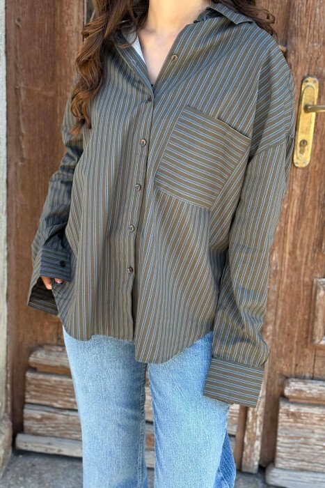 STRIPES DESIGN SINGLE POCKET WOMEN SHIRT DARK GREEN/JEE - 3