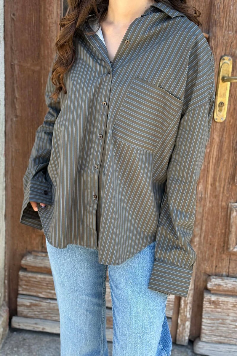 STRIPES DESIGN SINGLE POCKET WOMEN SHIRT DARK GREEN/JEE - 3
