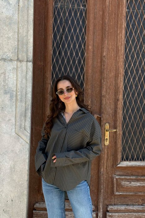 STRIPES DESIGN SINGLE POCKET WOMEN SHIRT DARK GREEN/JEE - 4