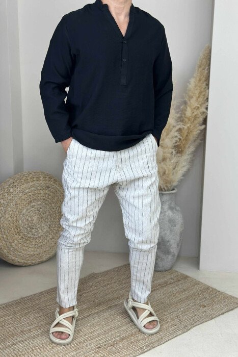 PANTALLONA ME DETAJIN E VIJAVE PËR MESHKUJ NË NGJYRËN BEZHË E ZBARDHUR - KLAUDIO FASHION