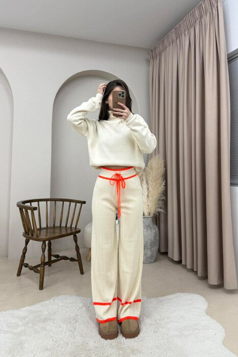 STRIPES LACINGS KNIT WOMEN TROUSERS CREAM-ORANGE/KRPO - 2