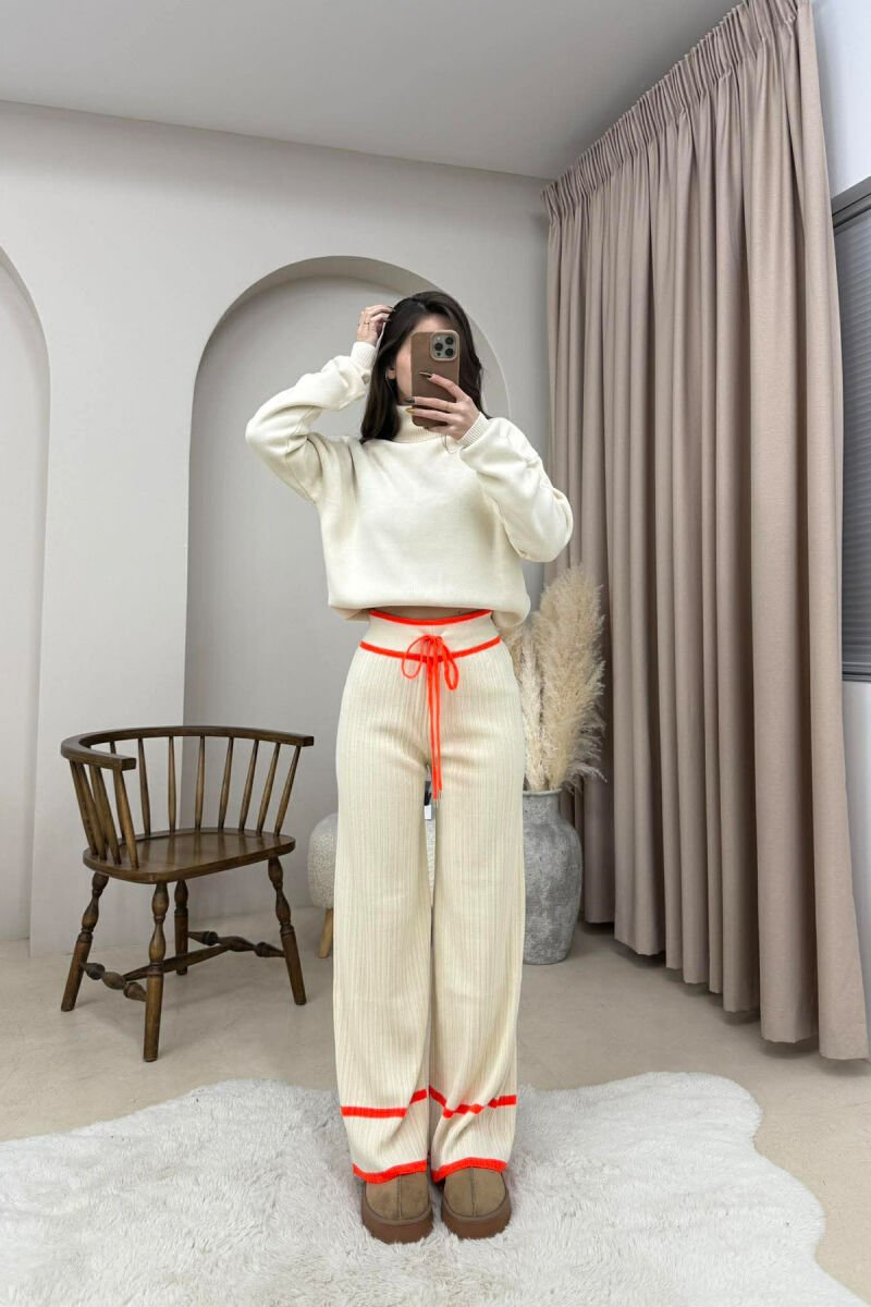 STRIPES LACINGS KNIT WOMEN TROUSERS CREAM-ORANGE/KRPO - 2