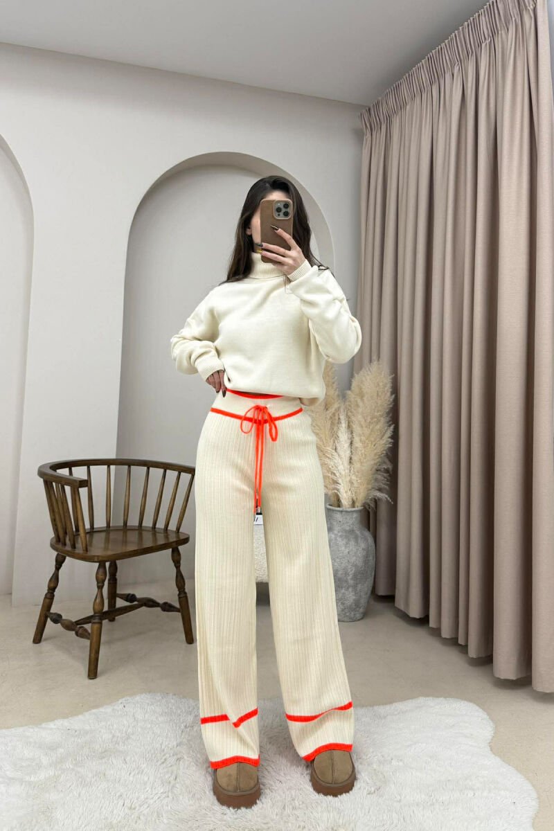 STRIPES LACINGS KNIT WOMEN TROUSERS CREAM-ORANGE/KRPO - 3