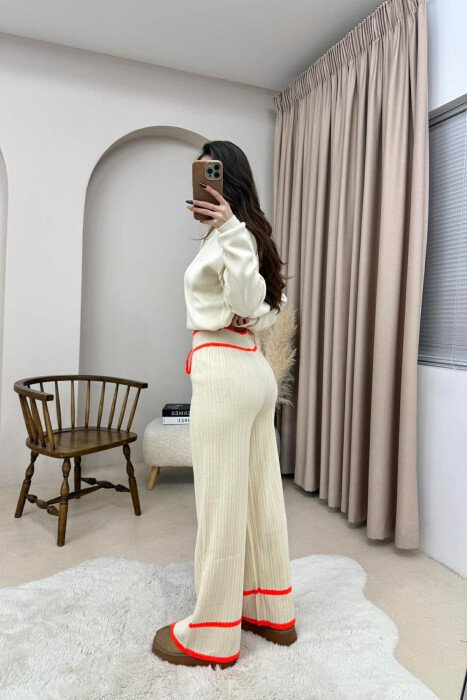 STRIPES LACINGS KNIT WOMEN TROUSERS CREAM-ORANGE/KRPO - 4