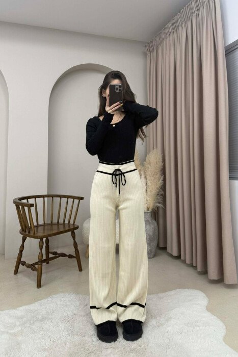 STRIPES LACINGS KNIT WOMEN TROUSERS CREAM+BLACK/KREM+ZEZE - 2
