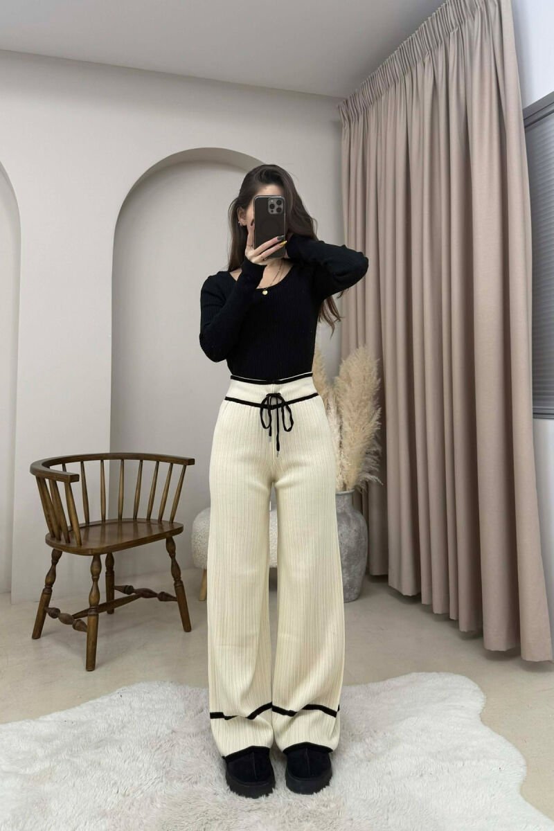 STRIPES LACINGS KNIT WOMEN TROUSERS CREAM+BLACK/KREM+ZEZE - 2