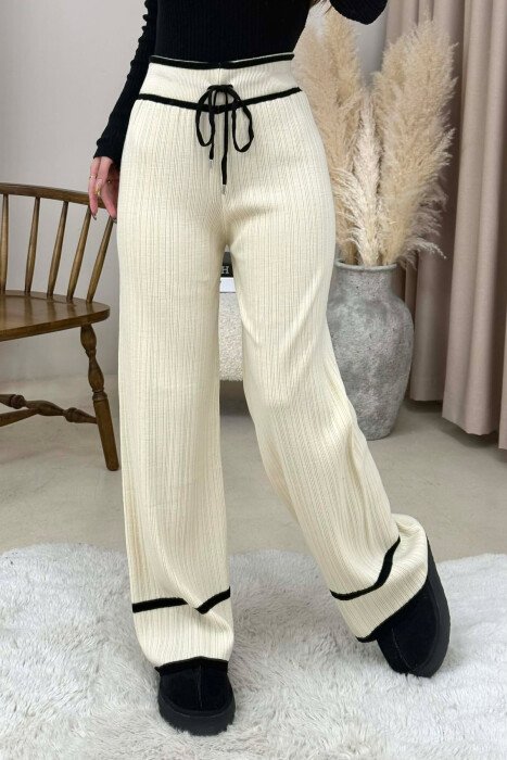 STRIPES LACINGS KNIT WOMEN TROUSERS CREAM+BLACK/KREM+ZEZE - 1