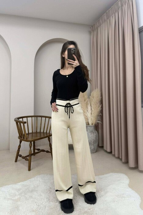 STRIPES LACINGS KNIT WOMEN TROUSERS CREAM+BLACK/KREM+ZEZE - 4